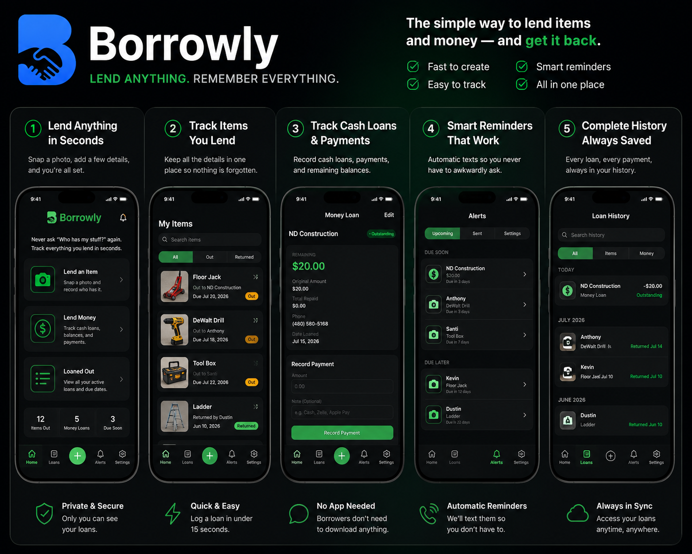 Borrowly app overview on iPhone — lend items and money, track loans, reminders, and history