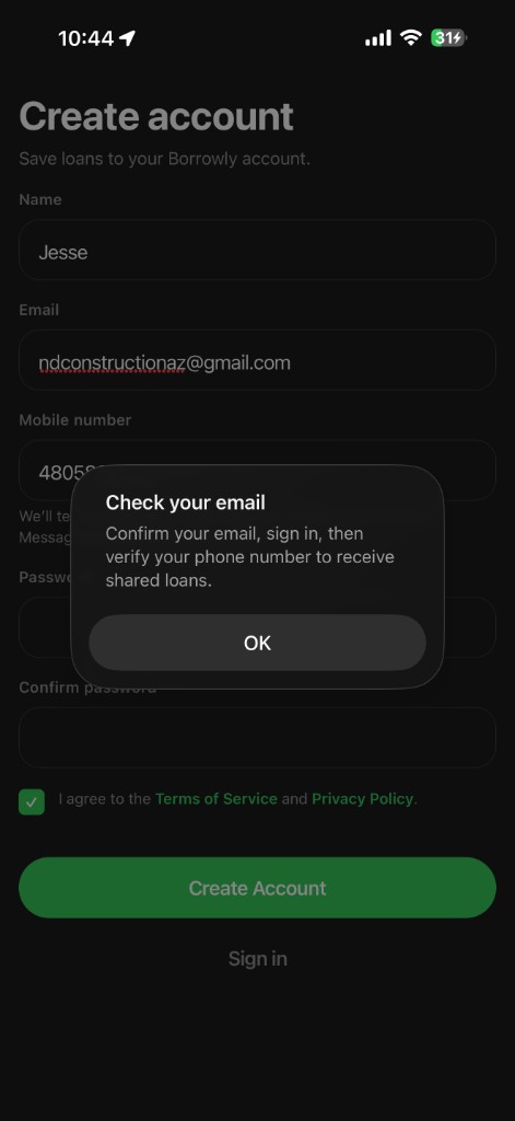 Borrowly Create account screen with name, email, mobile number, password fields, Terms and Privacy acceptance checkbox, and Create Account button.