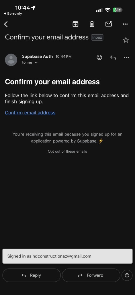 Borrowly email confirmation prompt after signup.