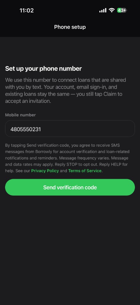 Borrowly Phone setup screen showing mobile number field, full SMS consent disclosure text, and Send verification code button.