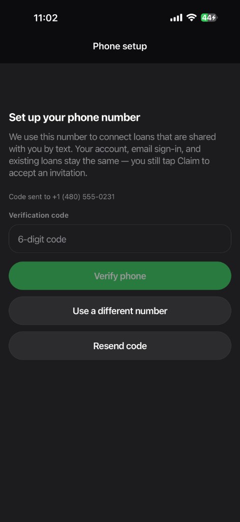 Borrowly phone verification code entry screen after SMS is sent.